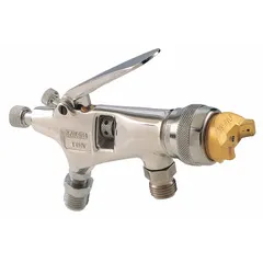 This HVLP spray gun from DEVILBISS is designed for applying paints in industrial finishing, automotive refinishing, and woodworking. It features a 10-inch body, 1/4-inch air inlet, and 8 fl oz cup capacity. The gun includes a 1.8 mm fluid tip and consumes 3 cfm at 30 psi for consistent atomization.