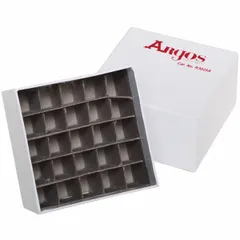Cardboard freezer box with 25 cell dividers for organizing vials, tubes, or samples in ultra-low temperature freezers. Overall dimensions: 3 in length, 3 in width. Compatible with manufacturer model number 4417467.
