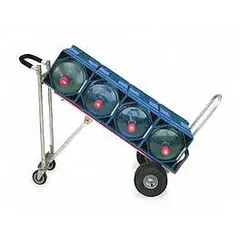 This MAGLINER hand truck features a dual-handle design with a 45-inch handle height and a silver aluminum frame for lightweight strength. Pneumatic tires provide shock absorption on uneven surfaces. The 3-position convertible design allows use as an upright, two-wheel, or four-wheel truck for transporting loads up to 500 lb in warehouses, delivery routes, and industrial facilities.