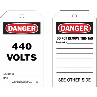 BRADY Tag Bahaya: Hitam/Merah/Putih, Ikat Kabel, 10 Tag, Bahaya Listrik - Danger/440 Volts Signed By: Date: / Danger/Do Not Remove This Tag Remarks: Tags