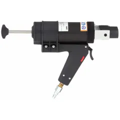 Pneumatic applicator for dispensing two-part epoxies from 50 mL/48.5 mL cartridges in an open-frame configuration. Features a 1:6 thrust ratio and 1/4 in NPT male air inlet. Suitable for industrial bonding, sealing, and potting applications.