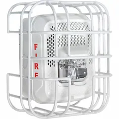 Steel wire cage guard for indoor wall-mounted L Series horns and strobes. White finish, 5 in depth, 8 3/16 in length. Includes mounting hardware for surface mount. Allows simple removal for maintenance.