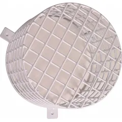 Steel guard for indoor beacons, surface-mounted on walls. White finish with 7 13/16 in depth. Includes mounting hardware. Protects against vandalism and damage. No alarm included.