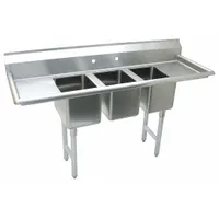 Three-bowl freestanding sink without faucets. Overall dimensions: 70 in length, 19 1/2 in width, 42 1/2 in height. Suitable for commercial foodservice, catering, and industrial break areas where multiple basins for washing, rinsing, and soaking are needed