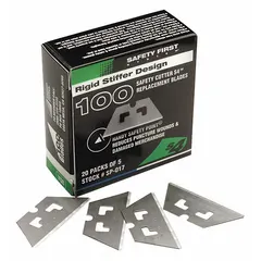 These straight-edge blunt-tip utility blades are made of steel, each measuring 3/4 inch in width and 1 11/16 inches in length. Sold in a pack of 100, they are designed for cutting tasks such as opening boxes, cutting tape, and trimming materials in packaging, warehousing, and manufacturing settings.