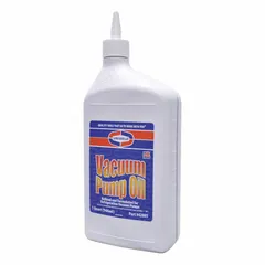 Clear ISO-46 viscosity grade oil for lubricating evacuation pumps used in HVAC and refrigeration system servicing. Formulated to maintain pump efficiency during refrigerant recovery and vacuum procedures. Supplied in a 1-quart bottle.