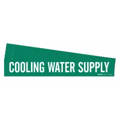 Green adhesive pipe marker with white legend text reading 'Cooling Water Supply'. Designed for pipe outer diameters of 8 inches and larger. Sold in a 5-pack. Suitable for identifying cooling water supply lines in industrial facilities.