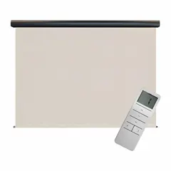 Motorized sun shade with remote control, part of the Regal Series. Features a 6 ft valence width, cream fabric, and Oil-Rubbed Bronze valance. Cable tie-down system included. Provides 90% UV protection. Suitable for outdoor sun control on patios, decks, and terraces.