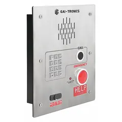 Indoor emergency and public access speakerphone with VoIP functionality. Features a stainless steel enclosure, water-resistant design, and Braille metallic keypad. Connects via 10/100 Base-TX Ethernet for network communication. Suitable for wall mounting in commercial facilities.