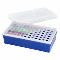 Crushed ice microtube rack made of white polypropylene, holding up to 72 tubes. Overall dimensions: 3 3/4 in width, 2 in height, 7 in length. Used in laboratory cold-chain sample handling to keep microtubes chilled during temperature-sensitive procedures