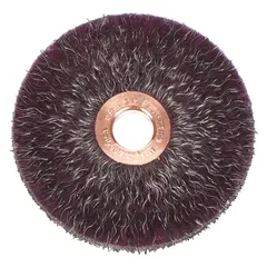 Crimped steel wire brush for light cleaning of carbon steel surfaces. 3" diameter, 1/4" width, 1/2" arbor, 0.014" fill. Used in industrial maintenance, fabrication, and metalworking for removing rust, paint, or scale.