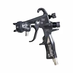 This GRACO HVLP spray gun features a plastic body and includes an air cap. It has a 1/4 in NPSM air inlet and an air consumption of 8.1 CFM, producing a 13-1/2 in spray pattern. Compatible with enamels, epoxies, paints, and sealers, it is used for applying coatings in industrial finishing, automotive refinishing, and woodworking applications.