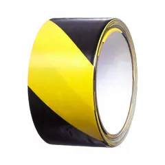 This vinyl floor marking tape features a black and yellow striped pattern for visual hazard or aisle designation. With a 5 mil thickness and no message legend, it is suited for general industrial floor marking applications such as identifying walkways, restricted areas, or potential dangers in warehouses and factories.