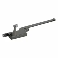 This crank-type window operator is designed for casement windows, featuring a left-hand frame mount. It includes a handle and has a bronze-coated gray finish with an 11-9/16 inch base length. Suitable for manual opening and closing of casement windows
