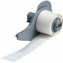 Precut label roll measuring 1 inch by 3/8 inch, made of white autoclavable polyester. Halogen-free material. Compatible with M710 printer series. Suitable for labeling in environments requiring sterilization.