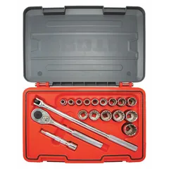 This 18-piece SAE socket set includes standard sockets and drive tools with a 1/2 in drive. The socket size range is 1/2 in to 1-1/4 in. Suitable for tightening and loosening SAE fasteners in industrial maintenance, automotive repair, and heavy equipment applications.
