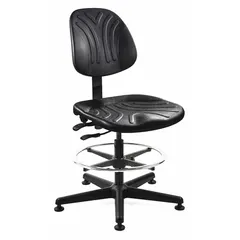This armless drafting chair from BEVCO features a black nylon frame and a tilting back. The seat measures 19 1/4 inches wide and 17 1/2 inches deep, constructed from plastic material. Suitable for use at drafting tables or elevated workstations in design and technical environments.