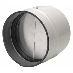 Round backdraft damper for 6-inch nominal duct diameter. Double-panel construction with butterfly blade type. Designed for vertical airflow direction to prevent reverse flow in ventilation systems.