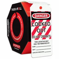 Polyolefin tag with 'Danger: Locked Out Device' legend in English. Includes writable fields for notes, date, and signature. Used in lockout/tagout procedures to warn personnel that a device is locked out during maintenance or servicing.