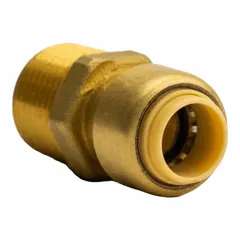 This brass push-to-connect adapter connects 3/8 in OD tubing to a 1/2 in male NPT pipe thread. It enables tool-free installation in pneumatic and fluid systems, suitable for use in compressed air lines and instrumentation.
