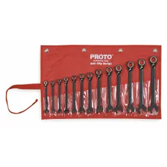 This set includes 13 metric 12-point ratcheting combination wrenches with sizes from 7 mm to 19 mm. The wrenches are made of alloy steel with a black chrome finish and come in a tool roll for storage. Suitable for tightening and loosening fasteners in mechanical and maintenance tasks.