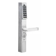 Electronic keyless lockset with chrome finish and clutch lever style. Provides proximity and keypad access methods, with interchangeable core key override. Suitable for interior doors in commercial and institutional settings requiring secure access control.