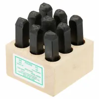 This hand stamp kit includes precision-ground sharp-face steel stamps for characters 0 through 9, with 6 doubling as 9, each with a 3/8 in character height. The stamps are mounted in a wood handle for manual impact marking. Suitable for permanently marking numbers onto metal, wood, or plastic parts in industrial maintenance, fabrication, and tool identification applications