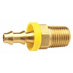 This rigid, straight brass fitting connects hose to NPT-threaded equipment. It features a male hose barb on one end and a male NPT thread on the other, suitable for air, water, and chemical transfer in industrial fluid-handling systems.