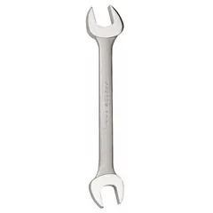 This SAE double-end open end wrench is constructed from alloy steel with a satin finish. It features head sizes of 1 1/8 in and 1 1/16 in, with an overall length of 12 5/8 in. Designed for tightening or loosening hex fasteners in automotive, industrial, and mechanical applications.