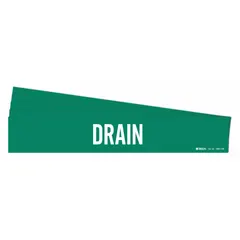 Green adhesive pipe marker with white 'Drain' legend, designed for pipes with outer diameter of 8 inches and larger. Pack of 5 markers without arrows. Used to identify drain lines in industrial piping systems.