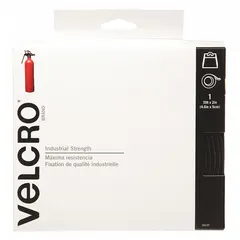 White nylon hook-and-loop fastener supplied as a continuous roll, 2 inches wide by 15 feet long. Used for bundling cables, securing panels, mounting tools, and temporary fixture attachment in maintenance, assembly, and production environments.
