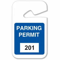 Plastic parking hanger in blue, supplied in packs of 100. Each hanger has a card height of 4 3/4 inches and an overall width of 2 3/4 inches, with a white imprint area for custom markings. Used to designate authorized parking in facilities.