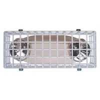 This steel light guard is designed for indoor emergency lights, providing protection against vandalism and damage. It features a white finish with 'MINI THEFT STOPPER' legend, surface-mounts on walls, and includes mounting hardware. Overall dimensions: 13 1/2 in length, 5 in depth