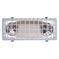 This steel light guard is designed for indoor emergency lights, providing protection against vandalism and damage. It features a white finish with 'MINI THEFT STOPPER' legend, surface-mounts on walls, and includes mounting hardware. Overall dimensions: 13 1/2 in length, 5 in depth.