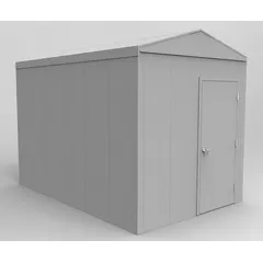 Outdoor equipment enclosure with 770 cu ft capacity, measuring 96 in x 144 in x 110 in. Gray finish. Fully assembled. Insulated walls support temperature-sensitive storage of machinery, parts, and supplies.