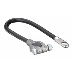Top post battery cable with 4 ga wire, 14 in overall length, black insulation, and bolt connection. Rated for 60VDC. Used for battery connections in vehicles, industrial equipment, and machinery requiring a secure, bolt-terminated power distribution cable.