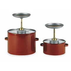 This 1-gallon plunger can is constructed from powder coated steel in red. It is designed for dispensing flammable liquids, with a self-closing lid that reduces evaporation and fire risk. Typical applications include cleaning parts and fueling operations in industrial maintenance and repair settings.
