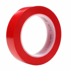Solid red vinyl floor marking tape for color-coded aisle marking, hazard identification, and area delineation. Each roll is 1 inch wide by 108 feet long with a 5.2 mil thickness. Supplied in a 36-pack with no message legend. Suitable for use in industrial facilities such as warehouses, factories, and workshops.