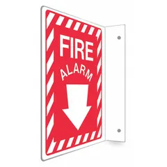 L-Shape projection fire alarm sign with nominal size 12 in x 9 in. Features mounting holes for secure installation. Non-retroreflective and non-glow-in-the-dark design. Suitable for marking fire alarm pull stations or equipment in commercial and industrial facilities.