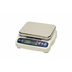 Food scale with backlit LCD display, IP67 rating for washdown environments, and Bluetooth connectivity. Readability of 0.0001 kg/0.0002 lb/0.005 oz/0.1 lb-oz. Weighing surface measures 9 1/8 in width. Suitable for commercial kitchens and food processing applications requiring precise weighing and data transmission.