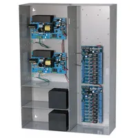 This power supply board with steel enclosure operates on 115V AC input and delivers 8PTC/12Dc at 19A maximum. It is designed for use in security, access control, and industrial automation systems requiring regulated power distribution