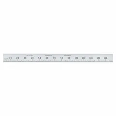 Flexible steel ruler with chrome finish and etched decimal graduations. Measures 150 mm in length, 0.02 inches thick, with 0.5 mm and 1 mm scale markings. Suitable for precision linear measurement on flat or curved surfaces in machining, metalworking, and quality inspection.