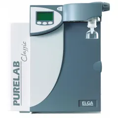 Benchtop water purification system producing Type I water with 18.2 Megohm resistivity at 2 lpm flow rate. Removes RNase impurities. Operates on 100-240V AC with RO feed via 1/4" NPT connection. Suitable for laboratory applications requiring ultrapure water.