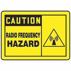 This 5-pack of adhesive-mounted vinyl signs warns personnel of radio frequency exposure risks. Each sign measures 3-1/2 by 5 inches with a 0.02-inch thickness. The signs are non-retroreflective and do not glow in the dark. Suitable for marking areas with RF hazards in industrial or laboratory settings.