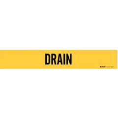 Yellow adhesive pipe marker with black 'Drain' legend, designed for pipe outer diameters from 2-1/2 to 7-7/8 inches. Supplied without arrows, includes one marker per unit. Used to identify drain lines in industrial piping systems.