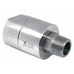 This MOSMATIC rotary union is a straight, single-passage rotating joint made of nickel-plated C38500 brass. It is designed for air service with a 3/4 in stationary port and a maximum speed of 30 RPM. Typical applications include transferring air from a stationary supply line into rotating machinery such as rotating drums, reels, and indexing tables.