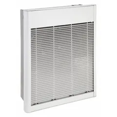 Large recessed electric wall heater for single-phase 208/240V AC operation. Provides 2000W or 4000W output with a white grille. Non-programmable. Rough-in dimensions: 18-1/4 in H x 14-1/4 in W x 3-7/8 in D. Suitable for primary or supplemental heating in commercial and industrial spaces.