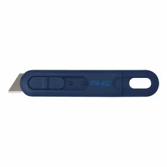 This automatic retracting utility knife features a textured blue plastic body and a non-changeable stainless steel rounded tip blade. Overall dimensions are 6 inches length by 5 1/2 inches width. Suitable for cutting cardboard, tape, and packaging materials in warehouse and shipping environments. Sold in a 10-pack.
