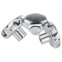 This 7-arm knob features a polished stainless steel construction for corrosion resistance in demanding environments. It has a 63 mm diameter, 12 mm unthreaded hole, and 22 mm hole depth, providing a secure grip for manual adjustment and clamping on industrial machinery.