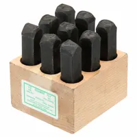 This hand stamp kit includes steel stamps with precision-ground sharp faces for clear, permanent marking on metal and other hard surfaces. Characters 0 through 9 are provided, with the 6 doubling as a 9, each 1/2 inch in height. The stamps feature a steel body and a wood handle, suitable for industrial part identification, tool numbering, and maintenance labeling